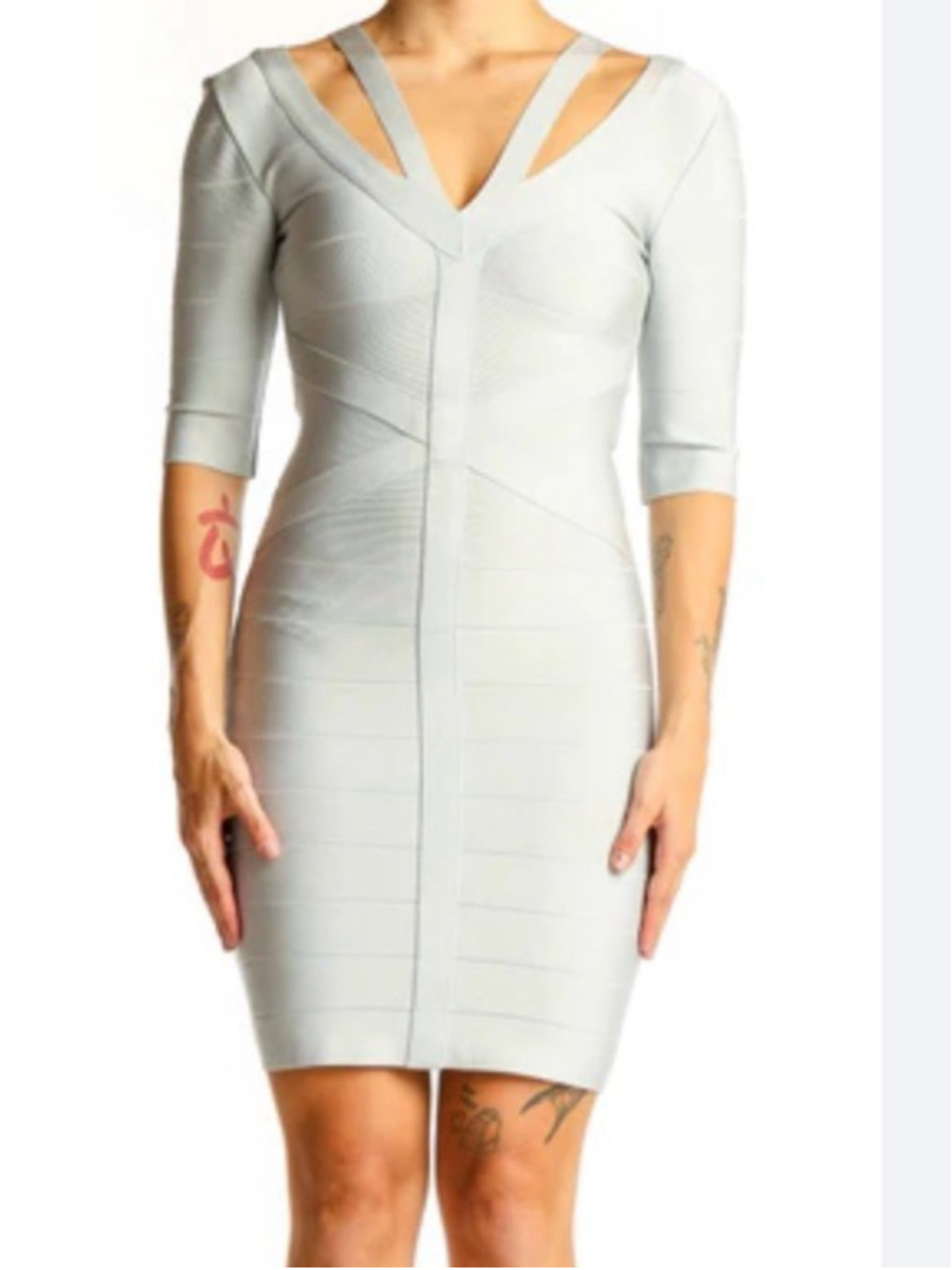 Bebe Women's Bandage Cutout Bodycon Club Dress Pearl Blue Silver Size Small